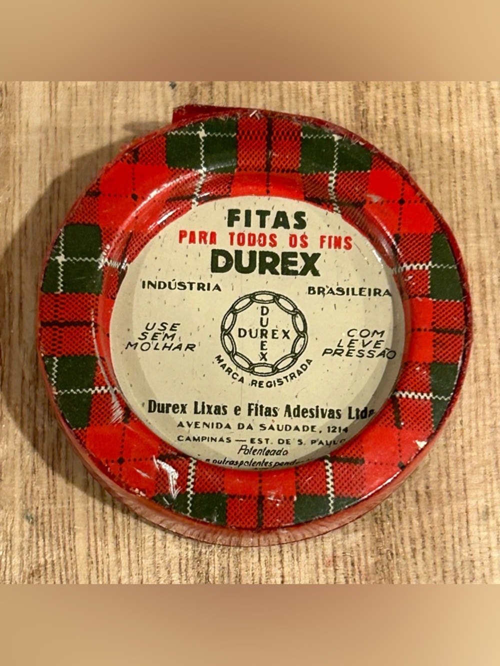 Vintage Durex Tape Tin Brazil 1950's Plaid Advertising Litho-Rare